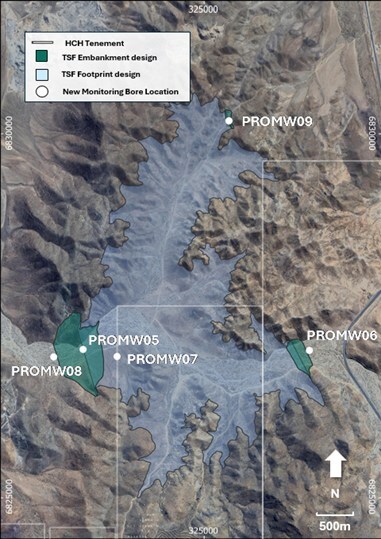 Figure 1. Location of hydrogeological boreholes completed at Costa Fuego’s planned TSF (CNW Group/Hot Chili Limited) Figure 1. Location of hydrogeological boreholes completed at Costa Fuego’s planned TSF (CNW Group/Hot Chili Limited)