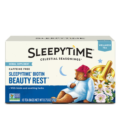 Sleepytime® Biotin Beauty Rest is the latest innovation in Celestial Seasoning’s long-standing fan favorite Sleepytime® lineup. This caffeine-free herbal tea features the beloved Sleepytime® blend with added biotin (vitamin B7) to complement your self-care routine.