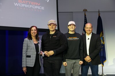 Participants from the Battery Workforce Challenge collegiate competition, a public-private partnership between the U.S. Department of Energy (DOE), Stellantis, and Argonne National Laboratory, gathered on Friday, November 1, 2024, to hand over the keys for 12 new 2024 Ram ProMaster electric vans. Chris Feuell, Chrysler and Ram Brand CEO (far left), and Mark Champine, Stellantis Senior Vice President, Head of North America Engineering Technical Centers (far right), were on hand to distribute the ProMaster EV keys to students who will design, build, test, and integrate an advanced battery pack for the ProMaster EV vans. Feuell and Champine are pictured with Duncan Tyree, (second from left), University of Michigan-Dearborn, and Tony Stewart-Williams, (second from right), Henry Ford College.