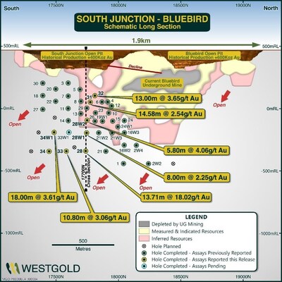 Figure 1 – Bluebird - South Junction Long Section showing 2024 Resource Definition drill holes & significant intersections returned during September & October 2024 (for results of previously drilled holes refer to ASX Releases of 14 May, 2 July and 5 September 2024). (CNW Group/Westgold Resources Limited)