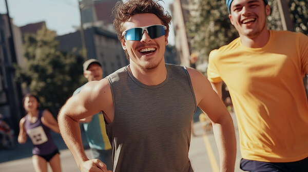 Two people running, wearing stylish, reflective sunglasses and athletic apparel.