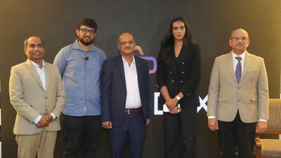 (L – R) Mr. Venkat Reddy, CEO; Posidex Technologies; Mr. Venkata Datta Sai Gouravelly, Executive Director; Posidex Technologies; Mr. G T Venkateshwar Rao, Managing Director, Posidex Technologies; P.V. Sindhu, Olympic Medalist & Indian Badminton Player; Mr. Bhavani Shanker Chitoor, Director today unveiled new brand identity of Posidex Technologies