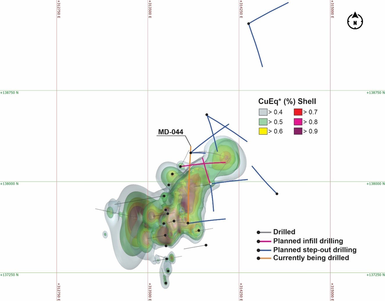 Figure 1. Plan view of the 2024-2025 drill plan at Mocoa. Coordinates are UTM system, zone 18N and WGS84 projection. *Copper equivalent (CuEq) for drill hole interceptions is calculated as: CuEq (%) = Cu (%) + 3.33 × Mo (%), utilizing metal prices of Cu - US$3.00/lb, Mo - US$10.00/lb. Metal recoveries utilized for the resource model are 90% for Cu and 75% for Mo. (CNW Group/Libero Copper & Gold Corporation) Figure 1. Plan view of the 2024-2025 drill plan at Mocoa. Coordinates are UTM system, zone 18N and WGS84 projection. *Copper equivalent (CuEq) for drill hole interceptions is calculated as: CuEq (%) = Cu (%) + 3.33 × Mo (%), utilizing metal prices of Cu - US$3.00/lb, Mo - US$10.00/lb. Metal recoveries utilized for the resource model are 90% for Cu and 75% for Mo. (CNW Group/Libero Copper & Gold Corporation)