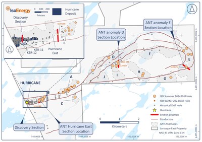 Figure 3 – ANT survey targets across the eastern portion of the Larocque East Project with 2024 summer drill holes and respective section locations for Areas D, E and Hurricane East. (CNW Group/IsoEnergy Ltd.)