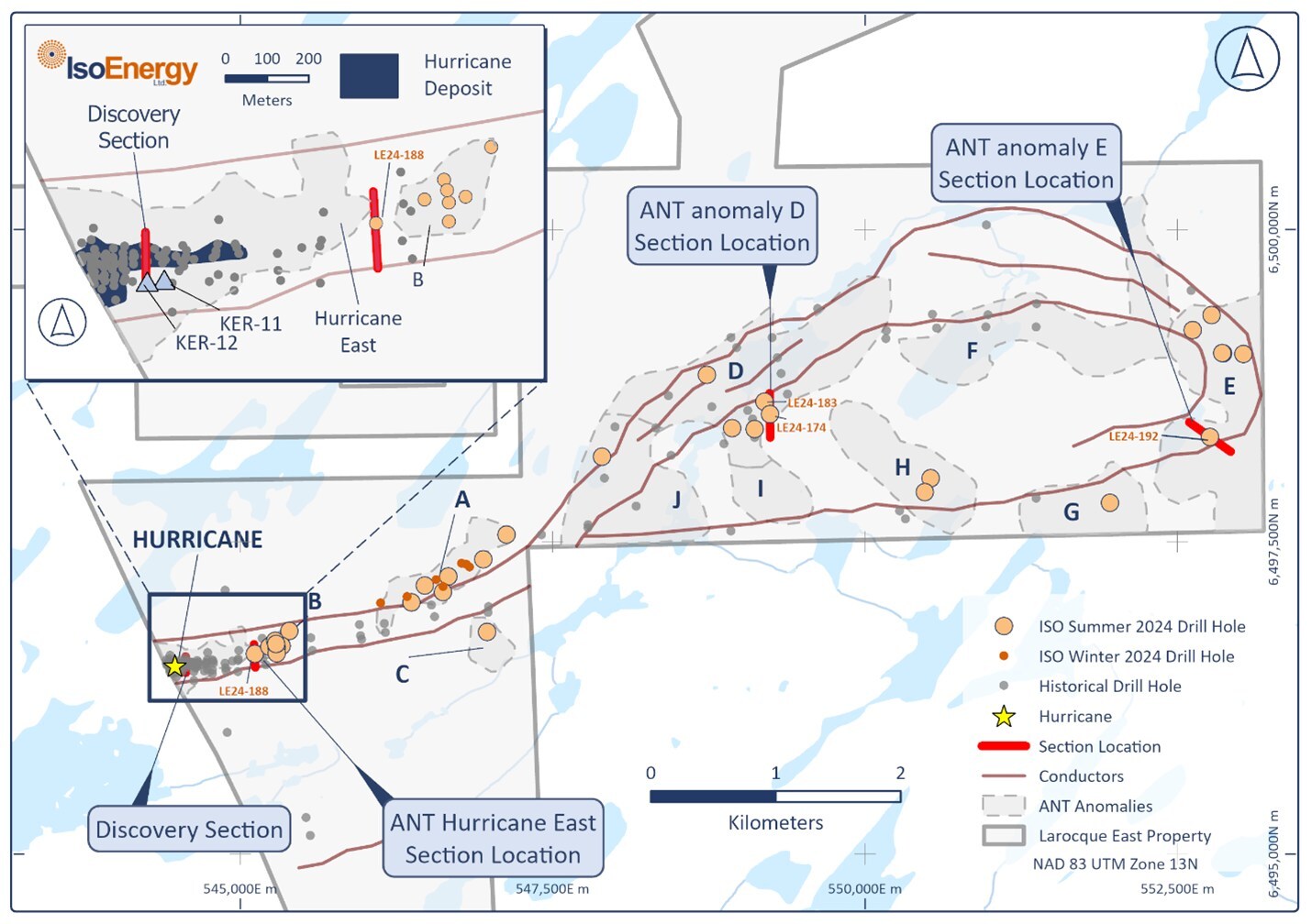 Figure 3 – ANT survey targets across the eastern portion of the Larocque East Project with 2024 summer drill holes and respective section locations for Areas D, E and Hurricane East. (CNW Group/IsoEnergy Ltd.)