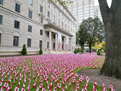 Manulife has planted more than 12,000 Canadian flags on the front lawn of its global headquarters in Toronto to recognize and pay tribute to members of the Canadian Armed Forces (CAF) ahead of Remembrance Day. (CNW Group/The Manufacturers Life Insurance Company)