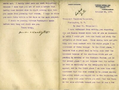 Letter from Dr. Booker T. Washington to President Theodore Roosevelt. Theodore Roosevelt Papers, Manuscript Division, Library of Congress. [Photo Credit: Courtesy of The White House Historical Association.]