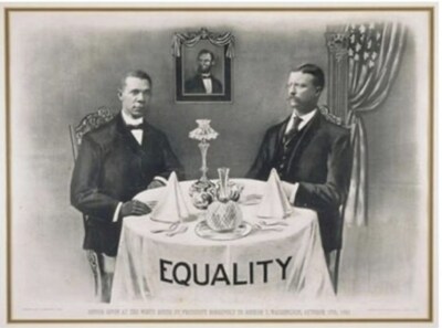 On October 16, 1901, President Theodore “Teddy” Roosevelt invited Dr. Booker T. Washington to dine with his family at the White House, marking the first time a Black American was formally hosted there. This historic occasion followed the founding of the National Negro Business League on August 23, 1900. At the time, Booker T. Washington served as a prominent spokesperson for Black America, collaborating with Presidents from both major political parties. Photo Credit: Courtesy of the White House Historical Association. https://www.whitehousehistory.org/booker-t-washingtons-dinner-with-president-theodore-roosevelt]