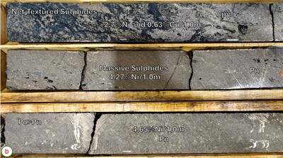 Figure 1b – BAN24-18, core pictures a; (256.1-267 metres). b; (260.3-263.4 metres), c; (select intervals 257.2-262.7 metres) / a) Peridotite to Massive sulphide, to volcanics; b) Net-texture sulphides (Po (Pyrrhotite)>Pn (Pentlandite)>>Cpy (Chalcopyrite); c) Disseminated sulphides on peridotite, into massive sulphides Po>Pn (CNW Group/Canada Nickel Company Inc.)