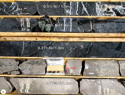 Figure 1c – BAN24-18, core pictures a; (256.1-267 metres). b; (260.3-263.4 metres), c; (select intervals 257.2-262.7 metres) / a) Peridotite to Massive sulphide, to volcanics; b) Net-texture sulphides (Po (Pyrrhotite)>Pn (Pentlandite)>>Cpy (Chalcopyrite); c) Disseminated sulphides on peridotite, into massive sulphides Po>Pn (CNW Group/Canada Nickel Company Inc.)