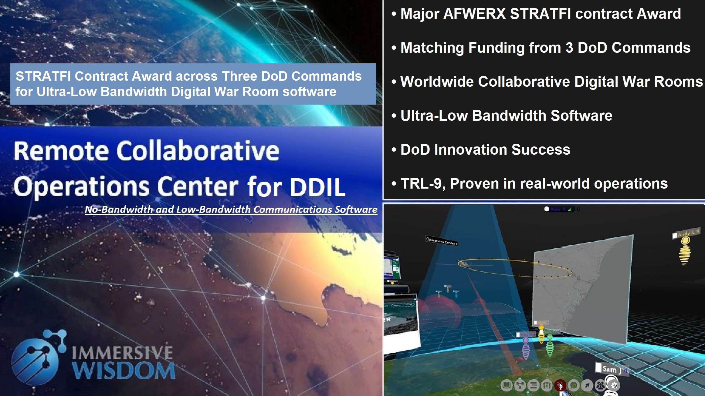 Immersive Wisdom Awarded Major Air Force STRATFI Contract across Three DoD Commands for Worldwide Ultra-Low Bandwidth Digital War Room Software