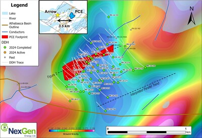 Figure 1: Map view of PCE target area with the mineralized footprint wireframe shown in red; as of November 11, 2024 (CNW Group/NexGen Energy Ltd.)