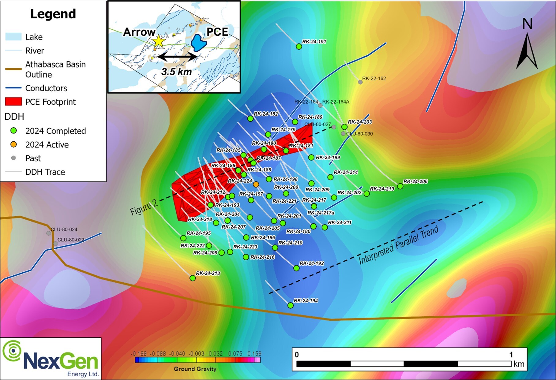 Figure 1: Map view of PCE target area with the mineralized footprint wireframe shown in red; as of November 11, 2024 (CNW Group/NexGen Energy Ltd.) Figure 1: Map view of PCE target area with the mineralized footprint wireframe shown in red; as of November 11, 2024 (CNW Group/NexGen Energy Ltd.)