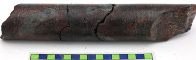 Figure 4: RK-24-222 close-up of off-scale (>61,000 cps) massive replacement by uraninite haloed by hematite at 607.4 m (CNW Group/NexGen Energy Ltd.)