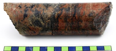 Figure 5: RK-24-222 semi-massive replacement by uraninite accompanied by argillization and hematite at 618.5 m, max peak of >61,000 cps (CNW Group/NexGen Energy Ltd.)