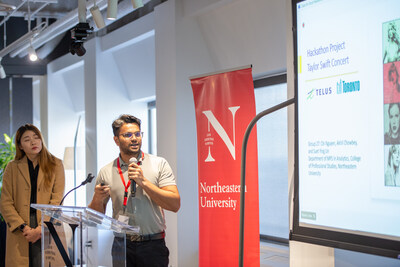 Cut line: Northeastern University students in Toronto and Vancouver present their road traffic pattern analysis to judges from the City of Toronto and TELUS at the ‘Hackathon for Good’ to come up with solutions for street congestion during Taylor Swift’s upcoming Toronto concert series. (CNW Group/TELUS Communications Inc.)