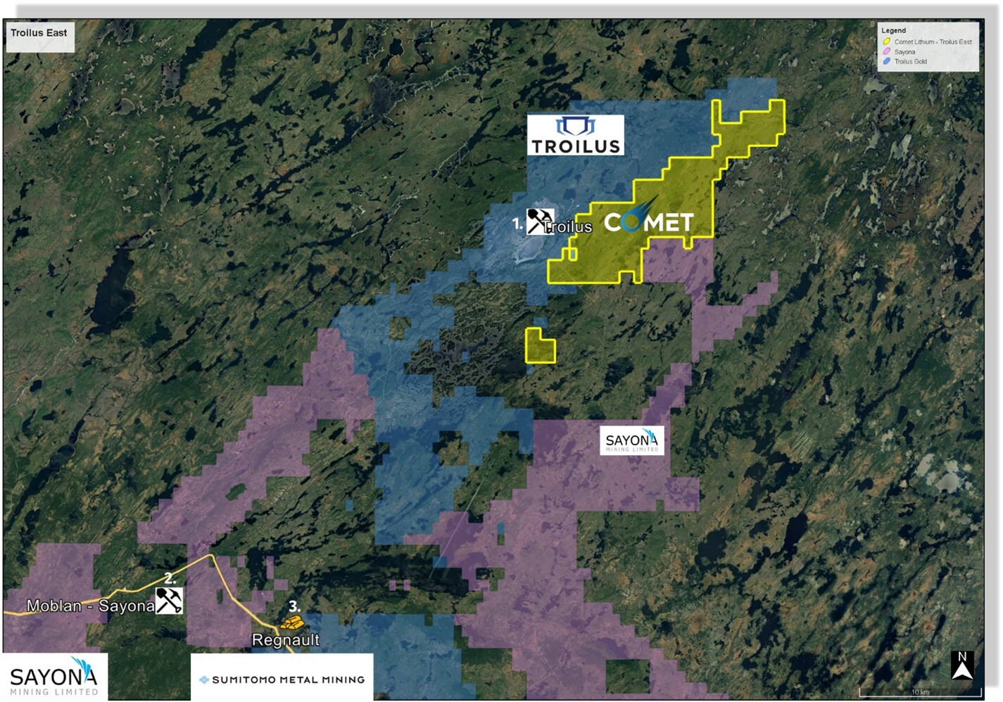 Figure 1: Troilus East Property located near multiple major gold and lithium deposits (3) (CNW Group/Comet Lithium Corporation) Figure 1: Troilus East Property located near multiple major gold and lithium deposits (3) (CNW Group/Comet Lithium Corporation)