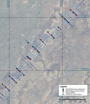 Figure 4: 2024 Huarabagoo-Junnagunna Link Zone Drill Collar location and Cross Section (HJ24RC011). Note: significant intercept results for blue collar drill holes are reported in this release, assays remain pending for red collar drill holes. (CNW Group/Laramide Resources Ltd.)