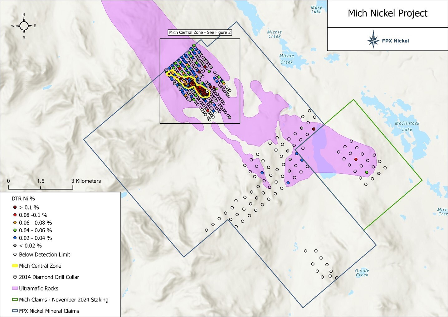 Figure 1: Mich Property and Surface Sampling Results (CNW Group/FPX Nickel Corp.) Figure 1: Mich Property and Surface Sampling Results (CNW Group/FPX Nickel Corp.)