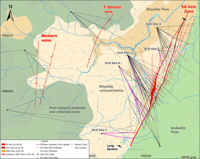 WKP plan view of geology and drill traces highlighting the EG vein Zone, T-Stream vein, and Western veins, and drill platform locations. (CNW Group/OceanaGold Corporation)