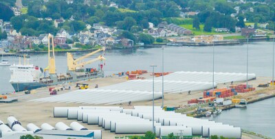 Wind turbine components for Revolution Wind, developed by Ørsted to serve Connecticut and Rhode Island, are staged at State Pier in the Port of New London, CT.