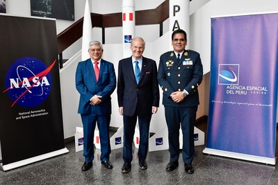 Peru's Vice Minister of Defense Policy César Medardo Torres Vega, NASA Administrator Bill Nelson, and Director of Peru’s National Commission for Aerospace Research and Development (CONIDA) Maj. Gen. Roberto Melgar Sheen meet in Lima, Peru, Nov. 14, 2024, where the U.S. and Peru signed a memorandum of understanding agreeing to study a potential sounding rocket campaign.
Credit: U.S. Embassy Peru
