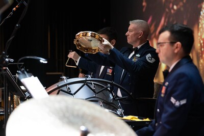 Close up on the percussion section of the Air Force Band of the Golden West Concert Band, performing their holiday program.