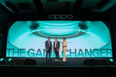 Elvis Zhou, diretor de Marketing Global da OPPO; Billy Zhang, presidente Global de Marketing, Vendas e Serviços da OPPO; e Oli Liu, diretora de Marca Global da OPPO