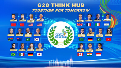 The poster showcases the 23 guests from the CGTN special program, G20 Think Hub: Together for Tomorrow, where thought leaders from diverse fields discussed strategies aligned with the G20 Summit's theme, Building a Just World and a Sustainable Planet.