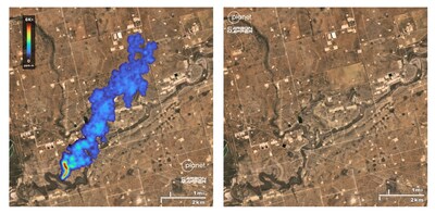 Left - a large methane plume from a leaking oil and gas pipeline was detected in the Texas Permian Basin by Tanager-1 on Oct. 9. After being shared with federal and state agencies, the leak was voluntarily fixed by the operator. Right - a subsequent Tanager observation on Oct. 24 detected no methane.