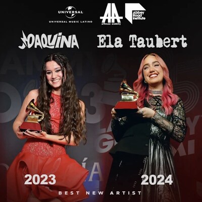 Joaquina (izquierda, Ganadora de Mejor Nuevo Artista 2023); Ela Taubert (ganadora Mejor Nuevo Artista 2024) (PRNewsfoto/Universal Music Latin Entertainment)