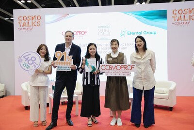 (From left ) Ms. Katy Wong, Brand Director, Eternal Group;  Mr. Stéphane Prévidi,  Vice President – APAC, Interparfums Inc.; Ms. Wendy Lau, the Executive Director of Eternal Group& Chairman of International Fragrance Association;  Ms. Angel Fu, the Event Director of Cosmoprof Asia;  Ms. Karen Woo, Managing Editor, ELLE Hong Kong)