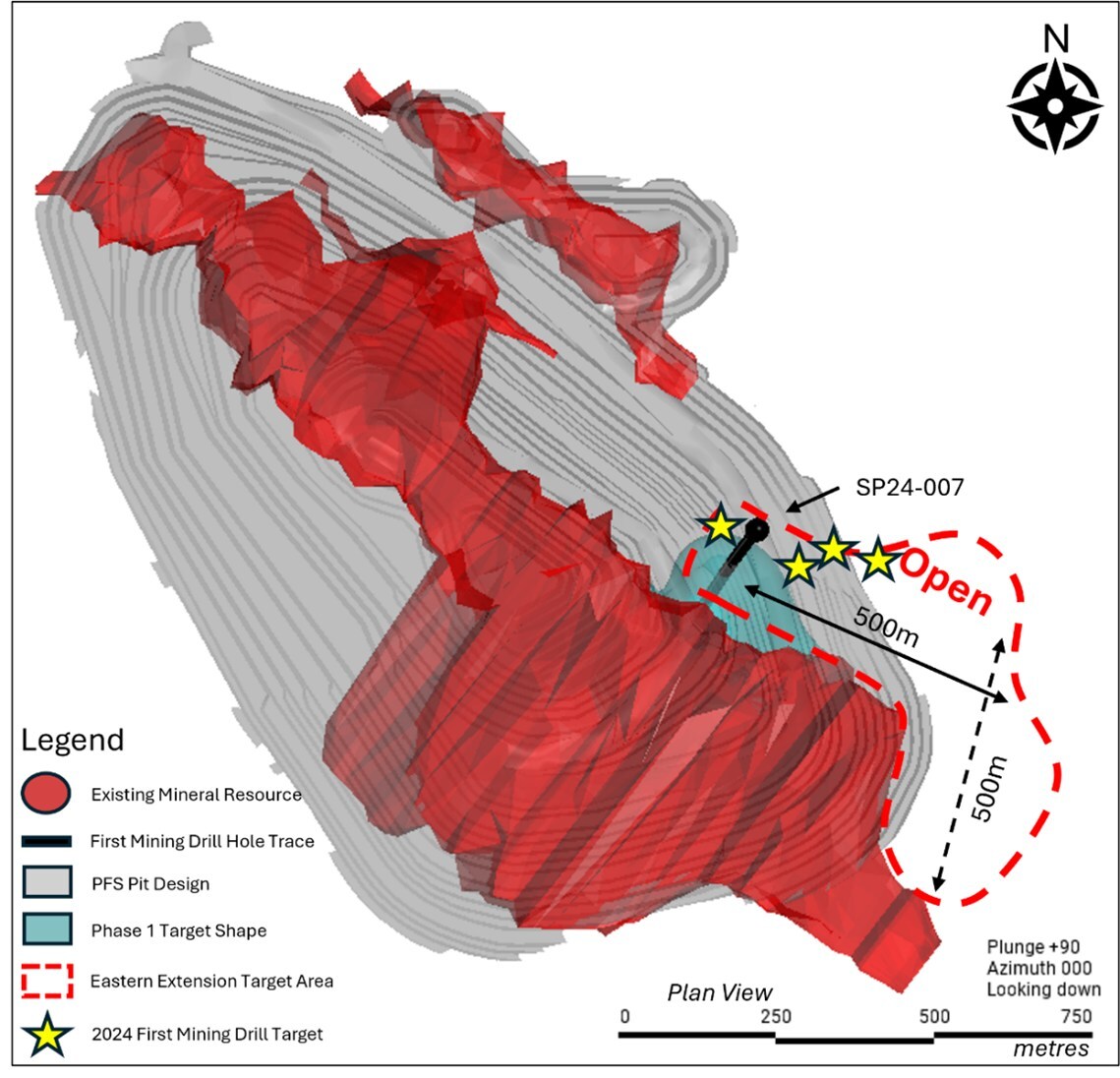 Figure 1: Plan view of Hole SP24-007 from the Phase 1 Springpole East Extension target area drill program. (CNW Group/First Mining Gold Corp.) Figure 1: Plan view of Hole SP24-007 from the Phase 1 Springpole East Extension target area drill program. (CNW Group/First Mining Gold Corp.)