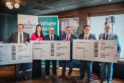 From left: Dennis Hogan, Chief Executive Officer of the St. John’s International Airport Authority, AnnMarie Boudreau, CEO, St. John’s Board of Trade, Craig Foley, CEO, Hospitality Newfoundland and Labrador, The Honourable Dr. Andrew Furey, Premier of Newfoundland and Labrador, Andrew Gibbons, WestJet, Vice-President, External Affairs and Honourable Steve Crocker, Minister of Tourism, Culture, Arts, Recreation (CNW Group/WESTJET, an Alberta Partnership)