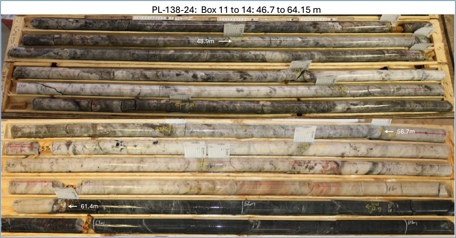 Figure 2: Photo of drill core show high grade section from 48.9 to 56.7m averaging 2.54% Li2O (CNW Group/Frontier Lithium Inc.)