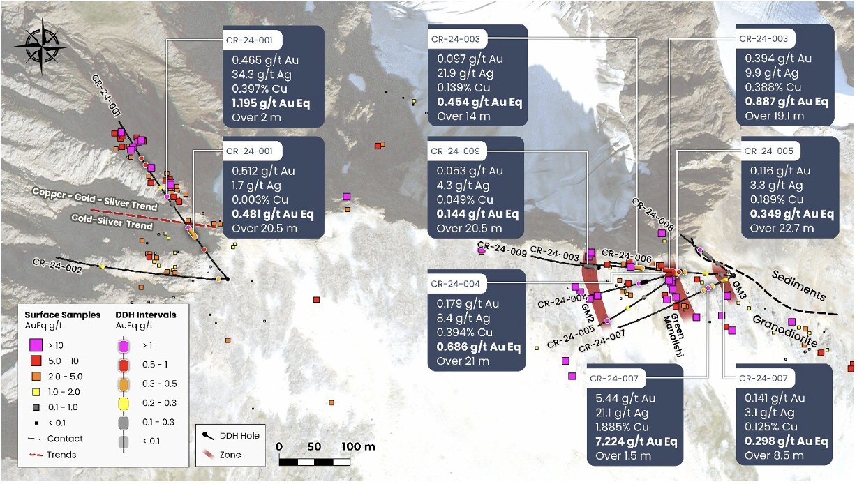 Figure 1: Map of the Copper Ridge system illustrating the location of all the drill holes and the interpreted zones. (CNW Group/Prospect Ridge Resources Corp.) Figure 1: Map of the Copper Ridge system illustrating the location of all the drill holes and the interpreted zones. (CNW Group/Prospect Ridge Resources Corp.)
