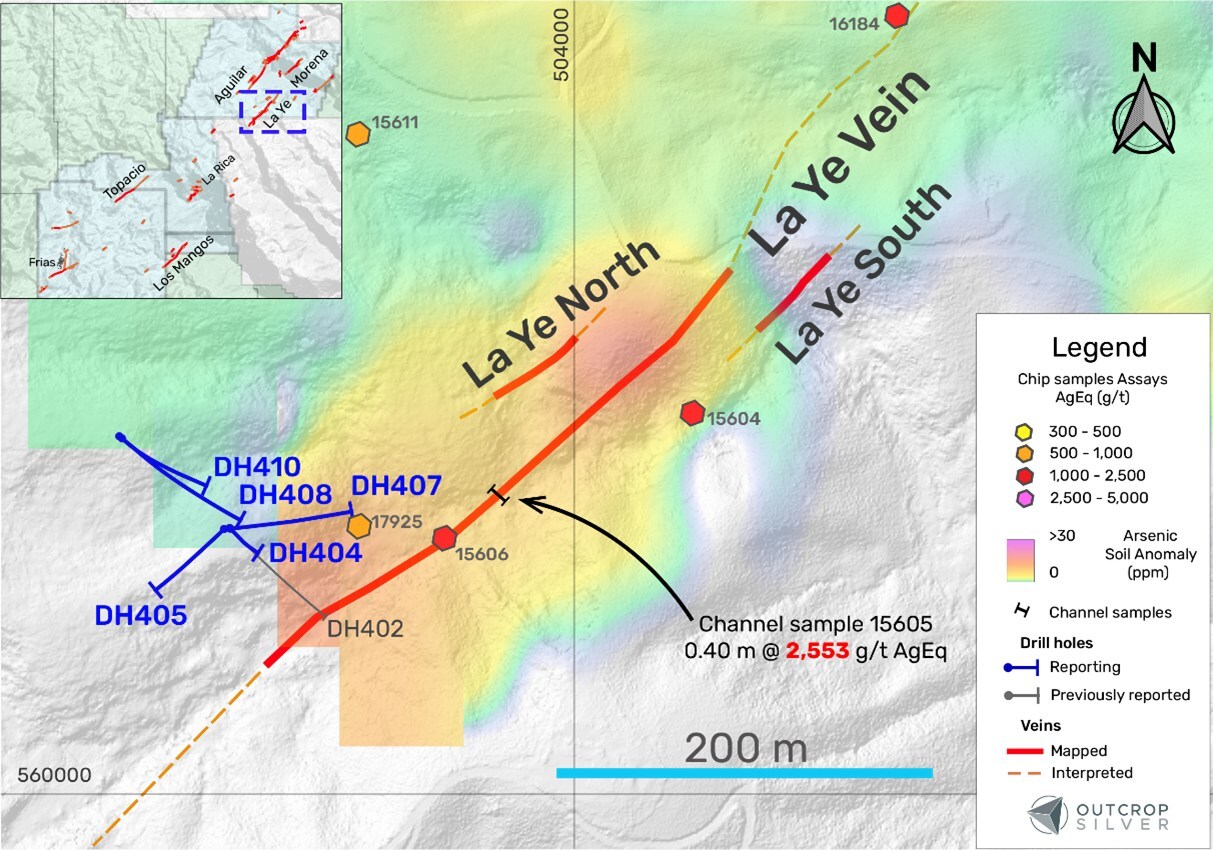 Figure 1. Plan view of the La Ye vein target showing the drill holes reported in this release (Table 1), drilling and channel samples previously reported and reported in this release (Table 2).
See footnote 2 for the AgEq calculation. (CNW Group/Outcrop Silver & Gold Corporation) Figure 1. Plan view of the La Ye vein target showing the drill holes reported in this release (Table 1), drilling and channel samples previously reported and reported in this release (Table 2).
See footnote 2 for the AgEq calculation. (CNW Group/Outcrop Silver & Gold Corporation)