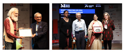 Left to Right – NBG presenting the Poet Laureate Award to Arvind Krishna Mehrotra and Lifetime Achievement Award to author Pratibha Ray