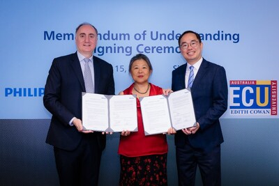 (From left) Dr. Mark Burby, Vice President of Health Systems for Philips APAC, Professor Moira Sim, Edith Cowan University, Denilson Kuratomi, Head of Ultrasound, Philips APAC. (PRNewsfoto/Royal Philips)