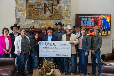 Representatives from ONEOK, on behalf of the ONEOK Foundation, present the North Dakota Stockmen's Association and the North Dakota Stockmen's Foundation with a <money>$100,000</money> donation to the Out of the Ashes Wildfire Disaster Relief Program for impacted cattle producers following historic North Dakota wildfires.