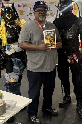 Writer/Producer and 'Gladiator Bots' graphic novel author Kevin E. Allison, surrounded by bots at Frankfurt International Book Fair, where the sci-fi epic sold out.