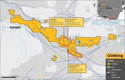 Figure 1: Kinebik Property and Drilling Areas (CNW Group/O3 Mining Inc.)