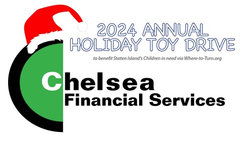 Chelsea Financial Services displays its festive holiday logo with an integrated Santa's cap to celebrate its 2024 Annual Holiday Toy Drive