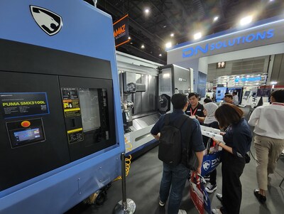 DN solutions's multi axis, multitasking machine tool PUMA SMX3100L is on display at the METALEX 2024 in Bangkok.