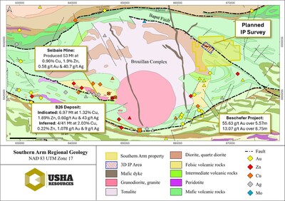 Figure 1 - Bedrock geology and regional mineral occurrences associated with the synvolcanic Brouillan Complex, Geology after SIGEOM, 2024.