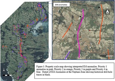 Figure 1: Property scale map showing interpreted EM anomalies. Priority 1 anomalies in pink, Priority 2 in orange, Priority 3 in purple and Priority 4 in blue.  Outset of EM Anomalies at the Neptune Zone showing historical drill hole traces in black. (CNW Group/Viridian Metals)