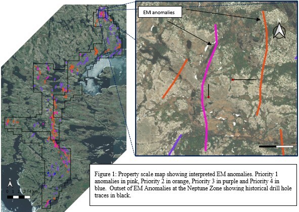 Figure 1: Property scale map showing interpreted EM anomalies. Priority 1 anomalies in pink, Priority 2 in orange, Priority 3 in purple and Priority 4 in blue. Outset of EM Anomalies at the Neptune Zone showing historical drill hole traces in black. (CNW Group/Viridian Metals) Figure 1: Property scale map showing interpreted EM anomalies. Priority 1 anomalies in pink, Priority 2 in orange, Priority 3 in purple and Priority 4 in blue. Outset of EM Anomalies at the Neptune Zone showing historical drill hole traces in black. (CNW Group/Viridian Metals)