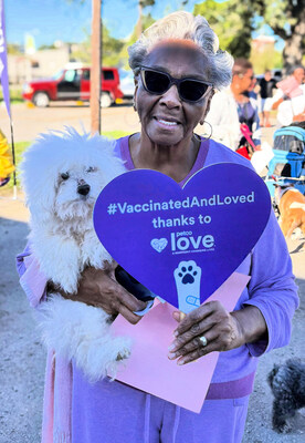 Lifelong New Orleans resident Ms. Jo with her 17 year old, much loved dog, Bentley was the recipient of the 3 millionth free pet vaccine at Petco Love’s free vaccine clinic.