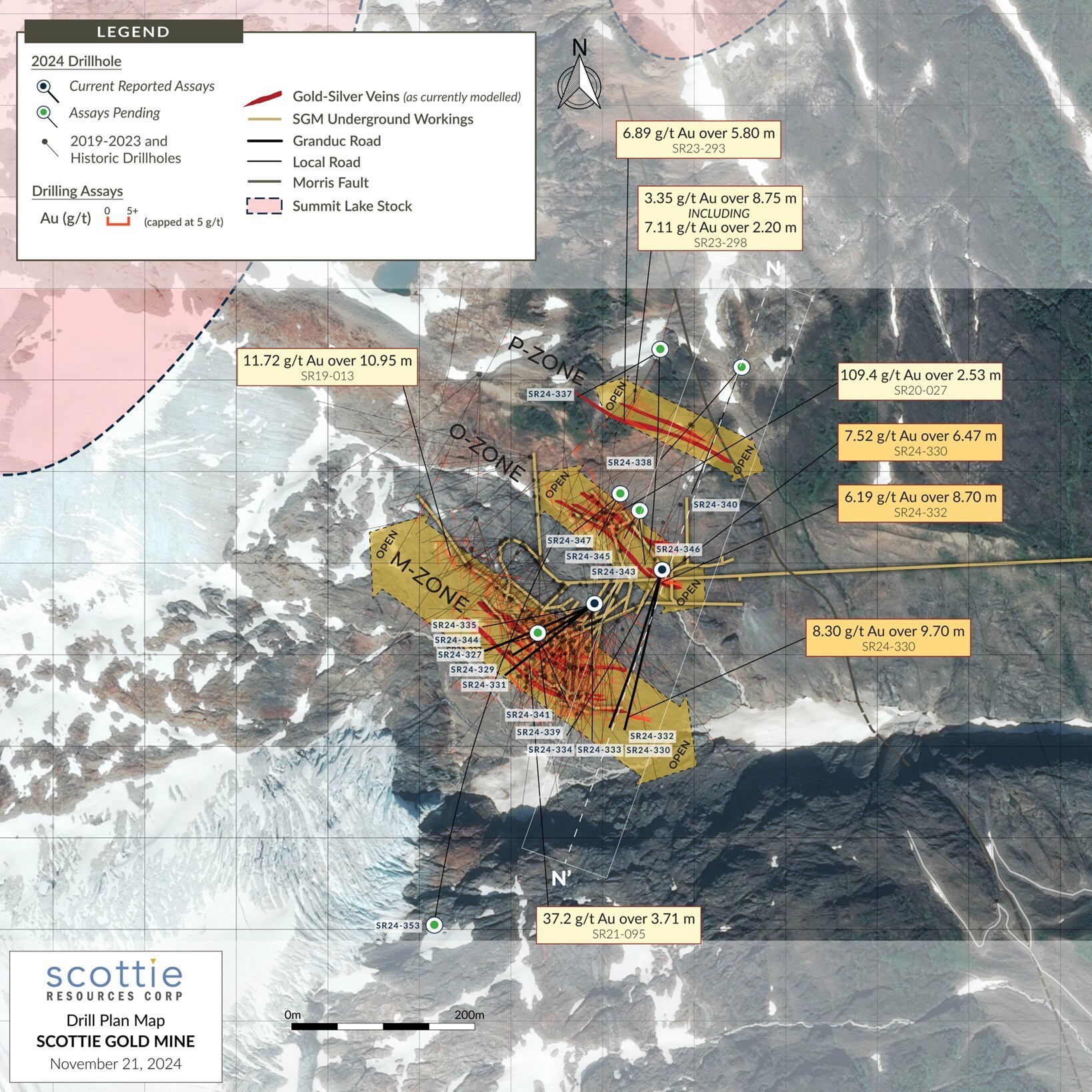 Figure 1: Overview plan view map of the Scottie Gold Mine, illustrating known mineralized zones, historic underground workings, and the distribution of the collars and traces of the 2024 drill holes. (CNW Group/Scottie Resources Corp.) Figure 1: Overview plan view map of the Scottie Gold Mine, illustrating known mineralized zones, historic underground workings, and the distribution of the collars and traces of the 2024 drill holes. (CNW Group/Scottie Resources Corp.)