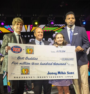 Best Buddies Founder Anthony K. Shriver, Jersey Mike's Subs Founder and CEO Peter Cancro, and Best Buddies Global Ambassadors Fran Sheinberg and Armani Coulson at the 2024 Jersey Mike's Subs Best Buddies Miami Gala.